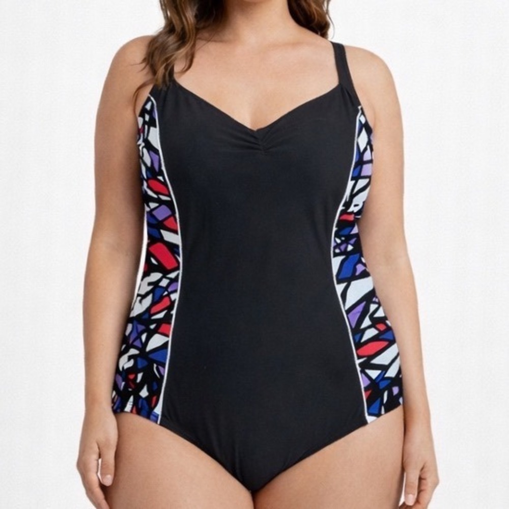 Catalina Swimsuit One Piece Size L‎ 12-14 Black Geometric Print Retro Beach